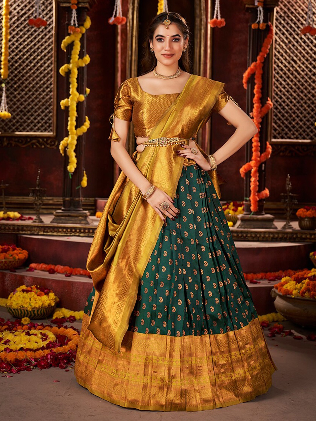 SHOPGARB Woven Design Banarasi Silk Semi-Stitched Lehenga Unstitched Blouse With Dupatta, Green
SHOPGARB Woven Design Banarasi Silk Semi-Stitched Lehenga Unstitched Blouse With Dupatta, Green