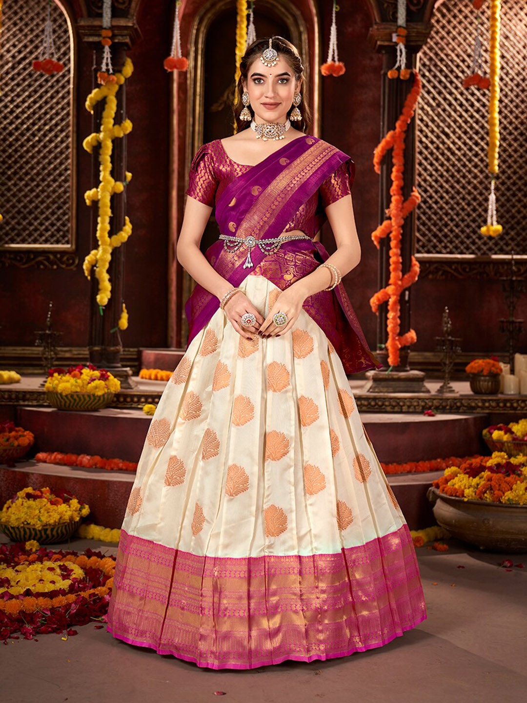 SHOPGARB Woven Design Semi-Stitched Lehenga & Unstitched Blouse With Dupatta, Off white
SHOPGARB Woven Design Semi-Stitched Lehenga & Unstitched Blouse With Dupatta, Off white