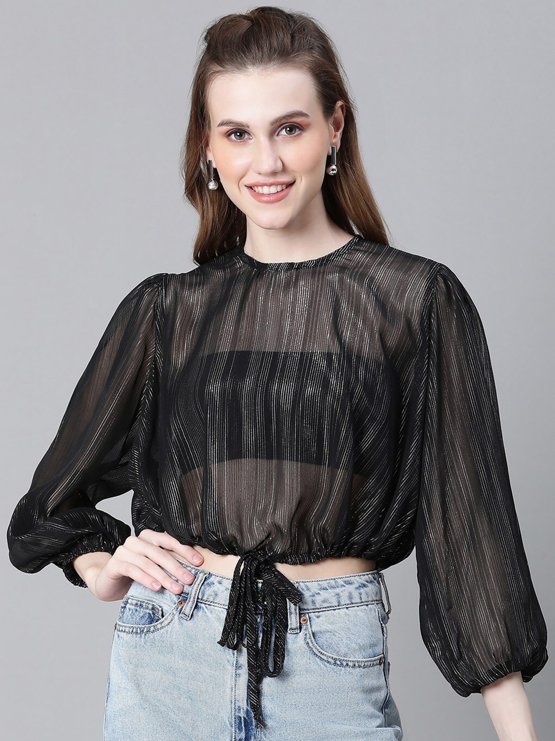 Oxolloxo Vertical Striped Waist Tie Ups Semi Sheer Georgette Blouson Crop Top, Black
Oxolloxo Vertical Striped Waist Tie Ups Semi Sheer Georgette Blouson Crop Top, Black