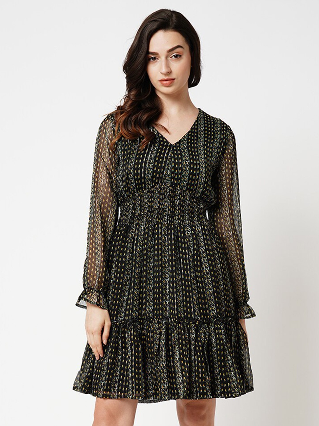 ONLY Abstract Printed Puff Sleeves Smocked V-Neck Flounce Chiffon Fit & Flare Dress, Black
ONLY Abstract Printed Puff Sleeves Smocked V-Neck Flounce Chiffon Fit & Flare Dress, Black