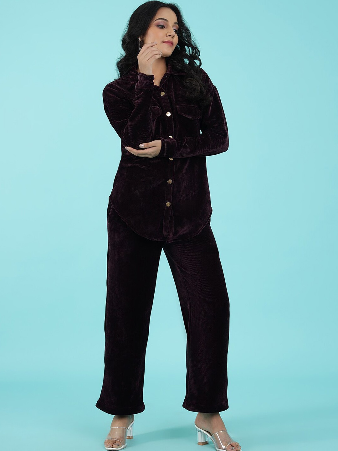DELAN Self Designed Shirt With Trousers, Maroon