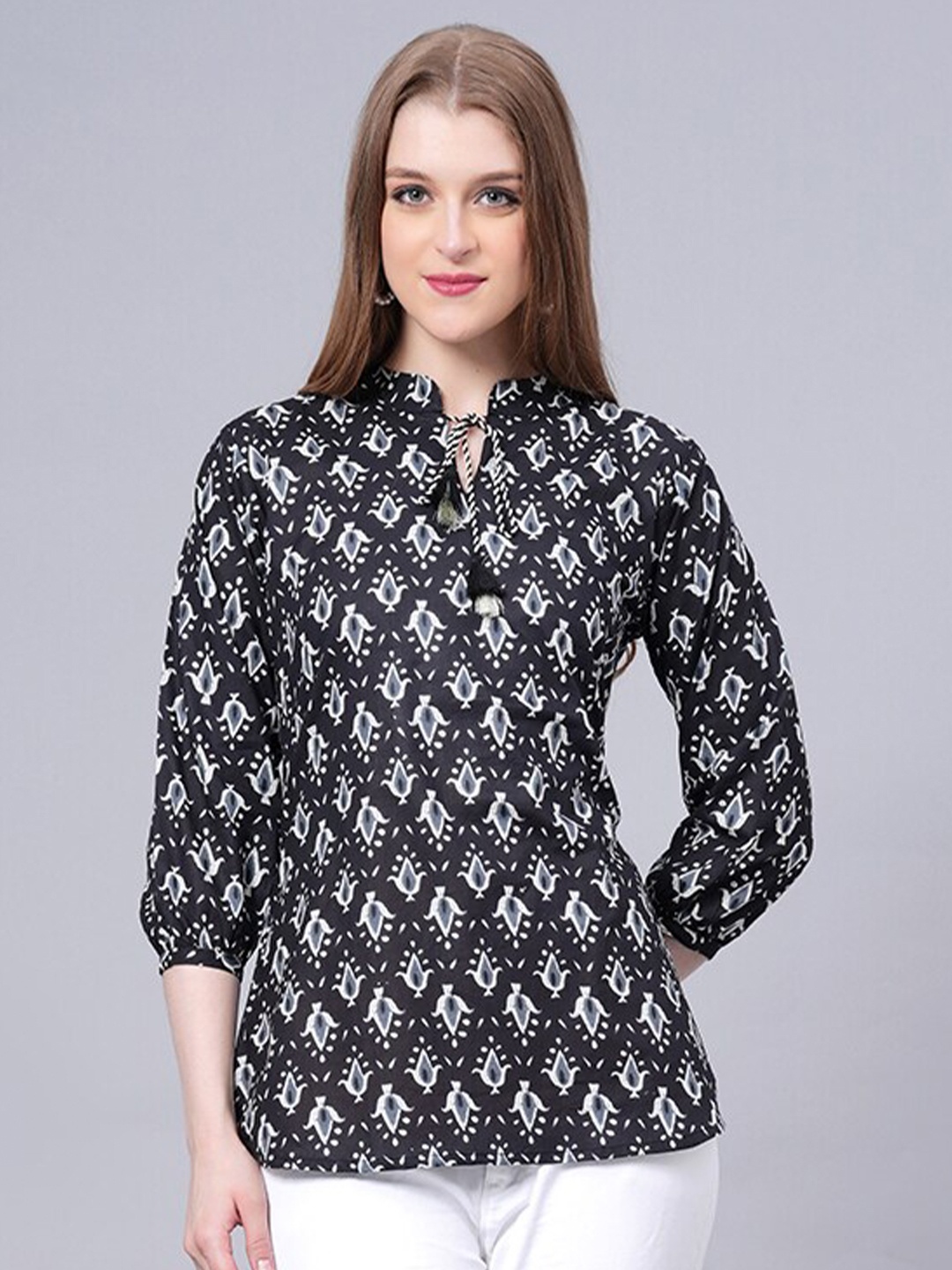 HIGHLIGHT FASHION EXPORT Floral Printed Tie-Up Neck Cuffed Sleeves Cotton A-Line Top, Black
HIGHLIGHT FASHION EXPORT Floral Printed Tie-Up Neck Cuffed Sleeves Cotton A-Line Top, Black