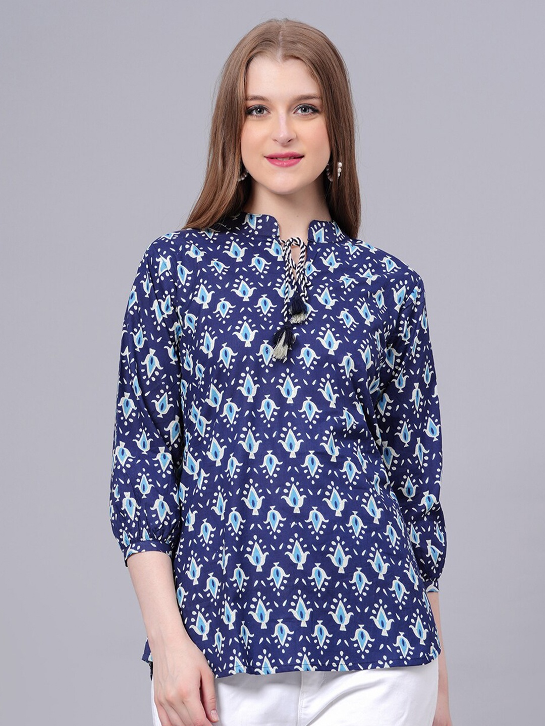 HIGHLIGHT FASHION EXPORT Floral Printed Tie-Up Neck Cuffed Sleeves Cotton A-Line Top, Blue
HIGHLIGHT FASHION EXPORT Floral Printed Tie-Up Neck Cuffed Sleeves Cotton A-Line Top, Blue