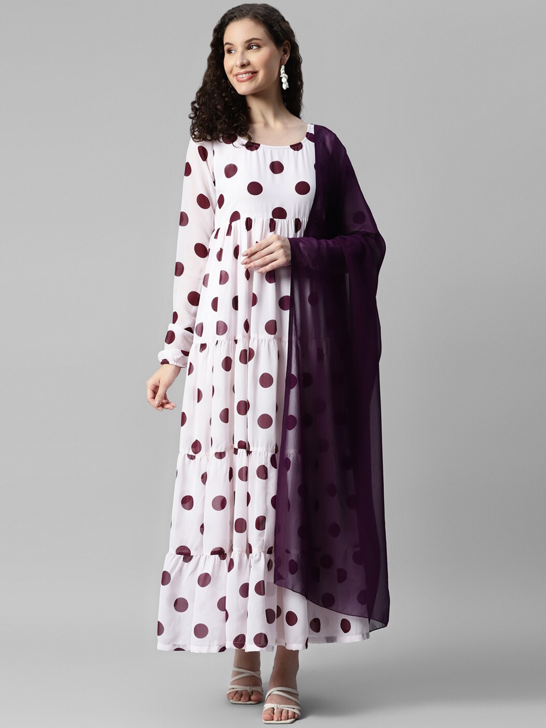 DEEBACO Polka Dots Printed Long Sleeves Georgette Tiered Maxi Ethnic Dress With Dupatta, White
DEEBACO Polka Dots Printed Long Sleeves Georgette Tiered Maxi Ethnic Dress With Dupatta, White