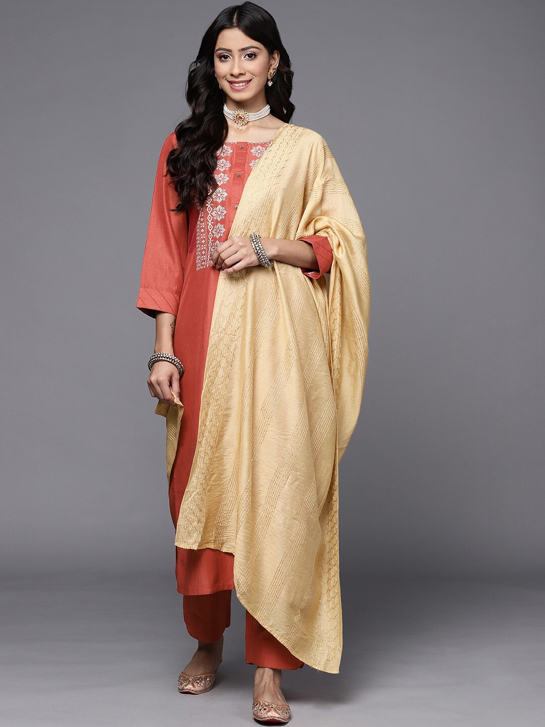 KALINI Floral Yoke Designed Regular Thread Work Kurta with Trousers & Dupatta, Rust
KALINI Floral Yoke Designed Regular Thread Work Kurta with Trousers & Dupatta, Rust