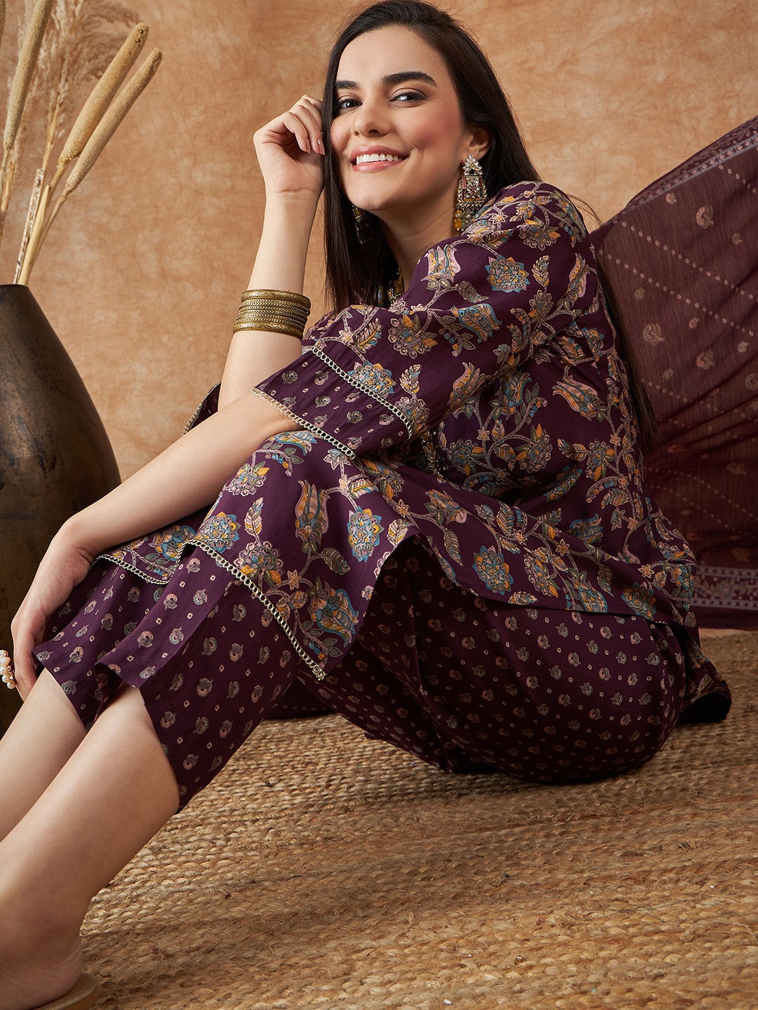 Sangria Purple & Blue Floral Printed Sequinned Pure Silk Kurta With Trouser & Dupatta
Sangria Purple & Blue Floral Printed Sequinned Pure Silk Kurta With Trouser & Dupatta