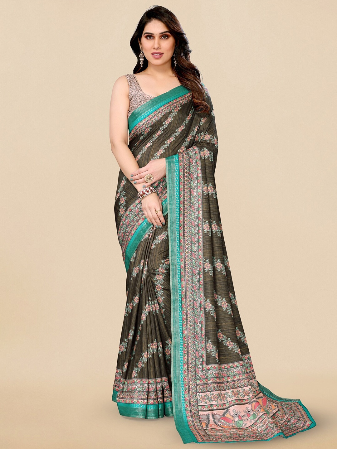 MIRCHI FASHION Maroon Ethnic Motifs Printed Saree, Olive