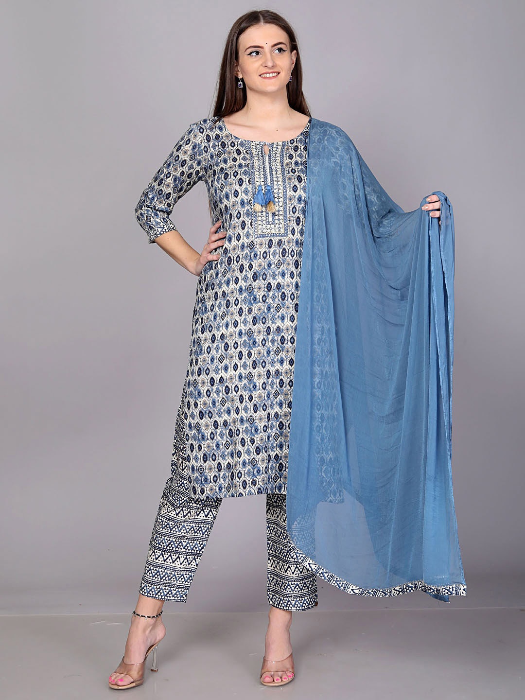 JC4U Geometric Printed Tie-Up Neck Gotta Patti Straight Kurta with Trouser & Dupatta, Blue
JC4U Geometric Printed Tie-Up Neck Gotta Patti Straight Kurta with Trouser & Dupatta, Blue