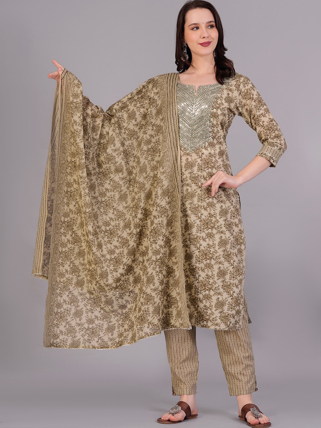 JC4U Floral Printed Mirror Work Pure Cotton Kurta with Trousers & Dupatta, Brown