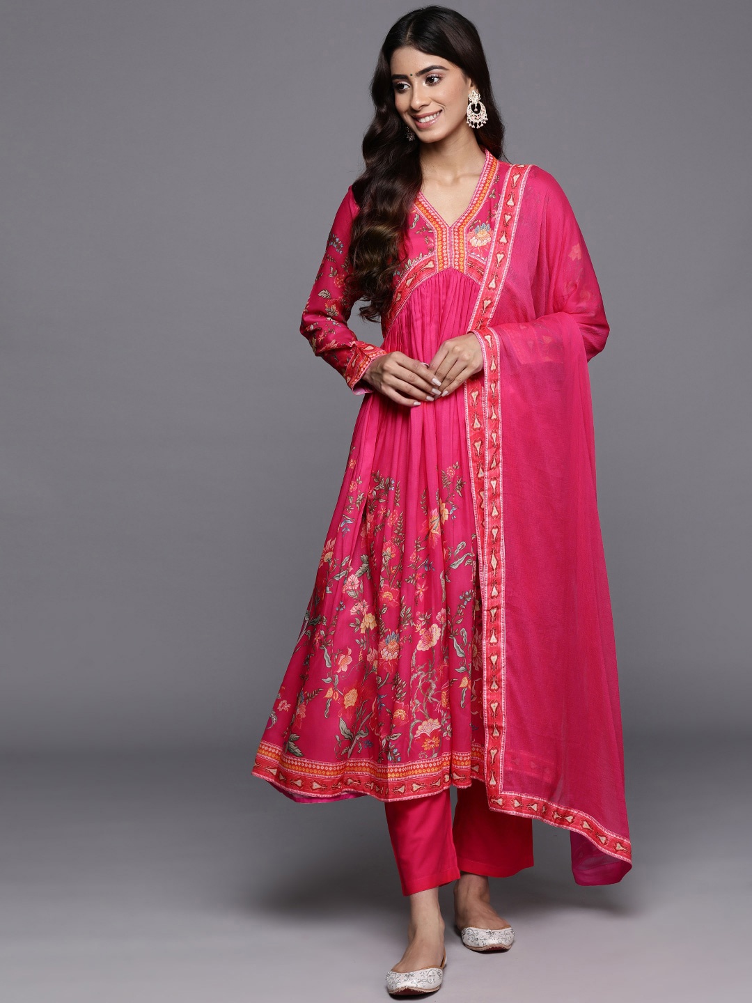 KALINI Floral Printed V-Neck Empire Gotta Patti Anarkali Kurta With Trousers & Dupatta, Fuchsia
KALINI Floral Printed V-Neck Empire Gotta Patti Anarkali Kurta With Trousers & Dupatta, Fuchsia