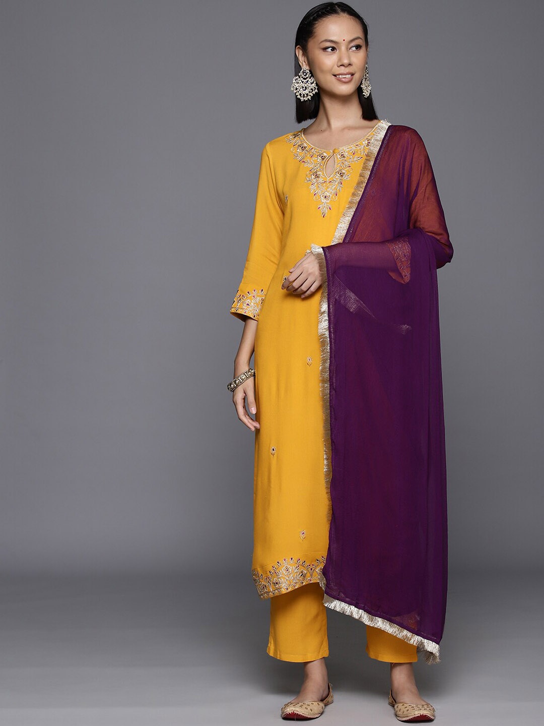KALINI Ethnic Motifs Embroidered Thread Work Straight Kurta With Trousers & Dupatta, Mustard
KALINI Ethnic Motifs Embroidered Thread Work Straight Kurta With Trousers & Dupatta, Mustard