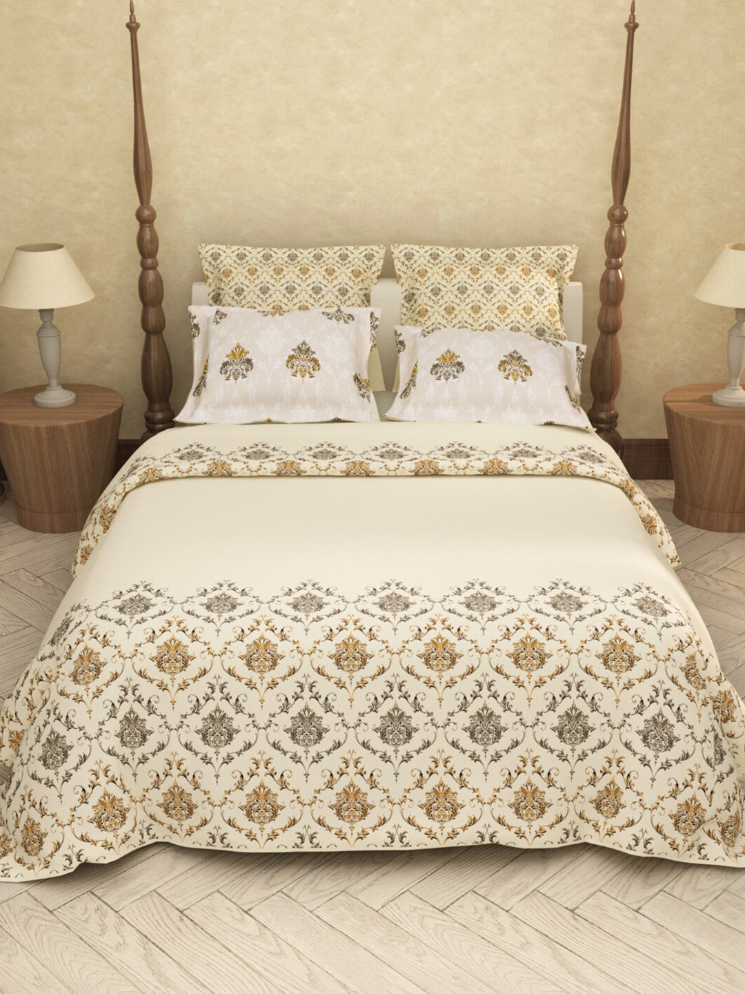 LABHAM Beige Ethnic Motifs Cotton 200 TC King Bedsheet with 2 Pillow Covers 
LABHAM Beige Ethnic Motifs Cotton 200 TC King Bedsheet with 2 Pillow Covers