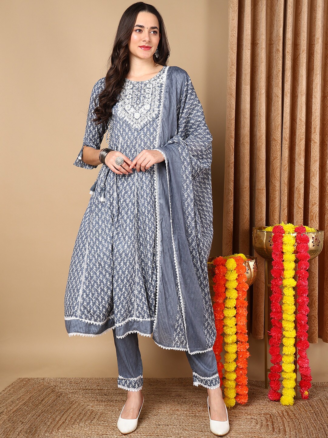 AHIKA Ethnic Motifs Printed Thread Work Anarkali Kurta With Trousers & Dupatta, Blue
AHIKA Ethnic Motifs Printed Thread Work Anarkali Kurta With Trousers & Dupatta, Blue