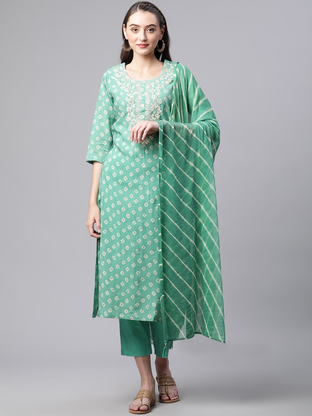 KALINI Bandhani Printed Thread Work Chanderi Silk Kurta With Trousers & Dupatta, Green
KALINI Bandhani Printed Thread Work Chanderi Silk Kurta With Trousers & Dupatta, Green