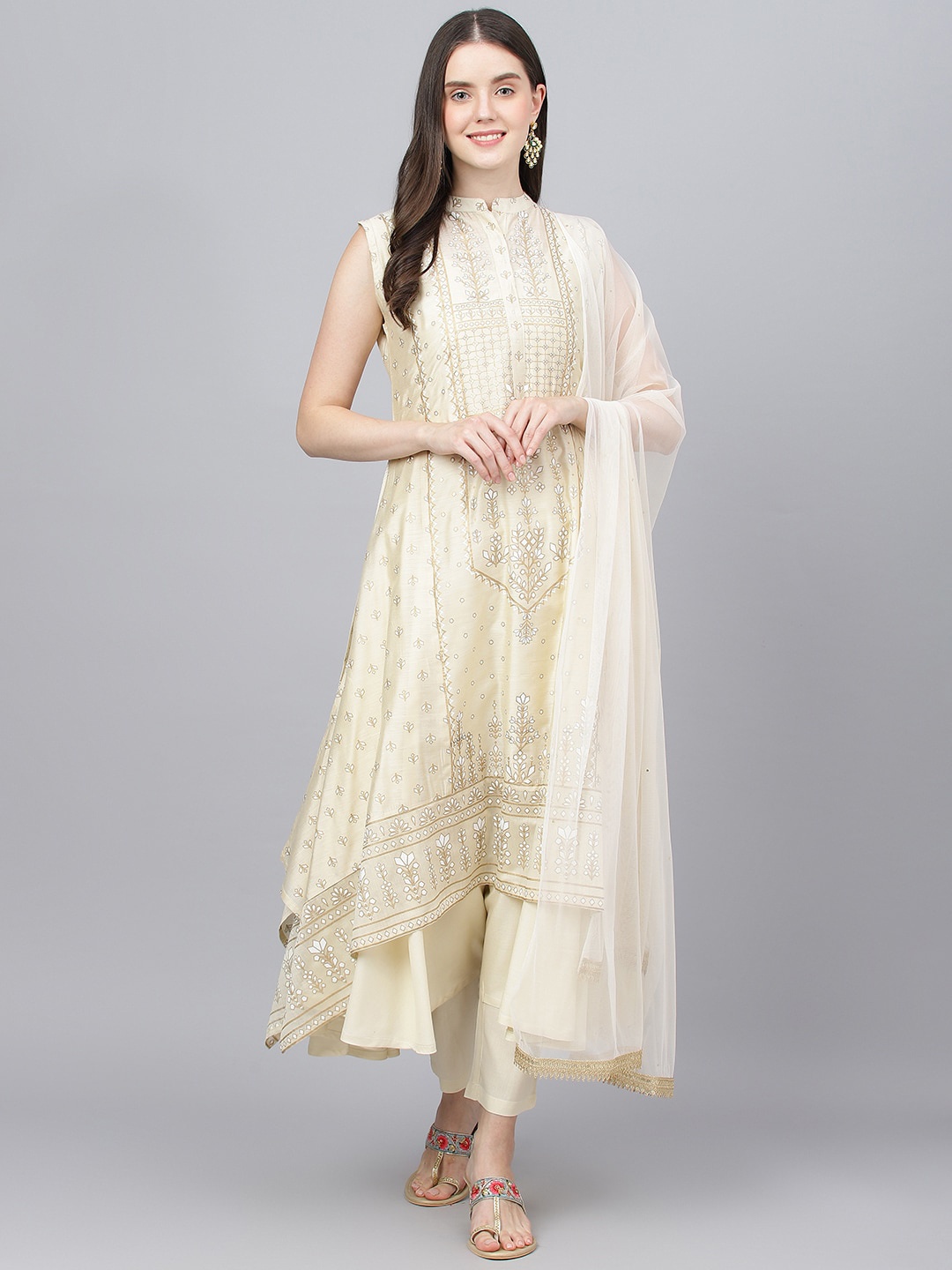 KALINI Ethnic Motifs Printed Layered Chanderi Silk Kurta With Trousers & Dupatta, Cream
KALINI Ethnic Motifs Printed Layered Chanderi Silk Kurta With Trousers & Dupatta, Cream