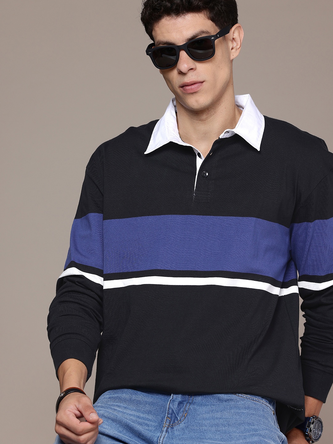 The Roadster Lifestyle Co. Relaxed Fit Pure Cotton Polo Collar Drop-Shoulder Sleeves Striped Casual T-shirt, Black
The Roadster Lifestyle Co. Relaxed Fit Pure Cotton Polo Collar Drop-Shoulder Sleeves Striped Casual T-shirt, Black