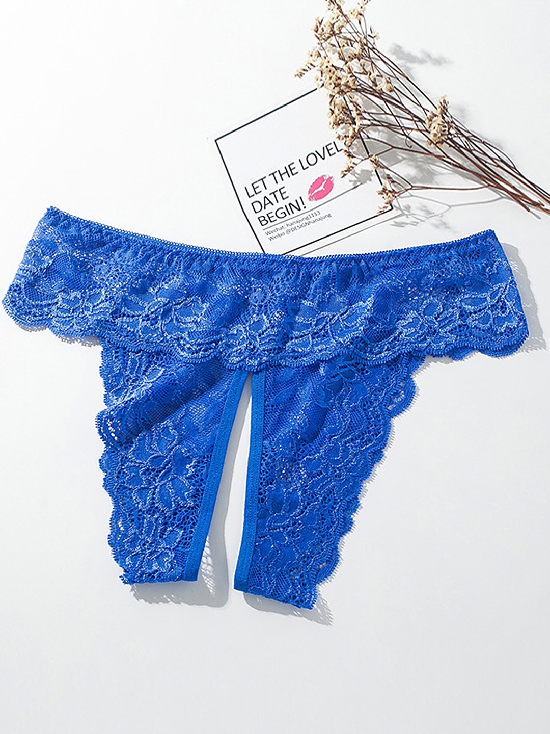 LULU & SKY Floral Self Design Cut Out Lace Briefs, Blue