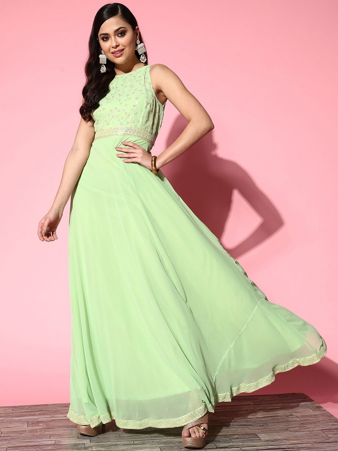 Inddus Embroidered Fit & Flared Maxi Ethnic Dress, Green
