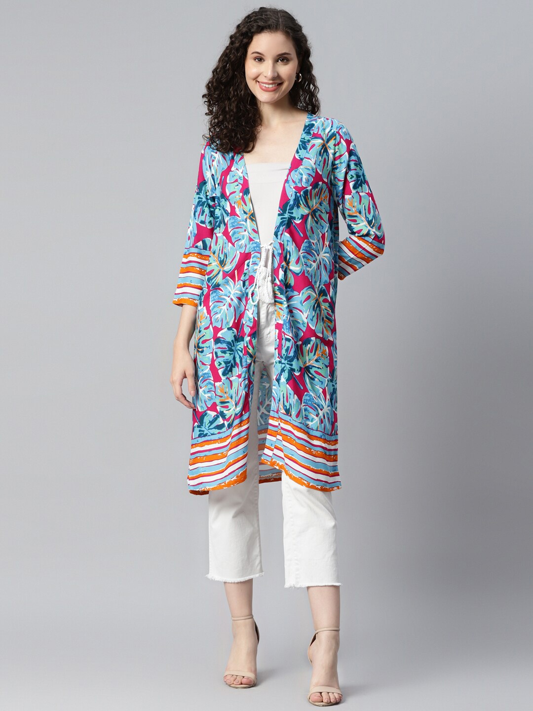 DEEBACO Tropical Printed Longline Tie-Up Shrug, Blue