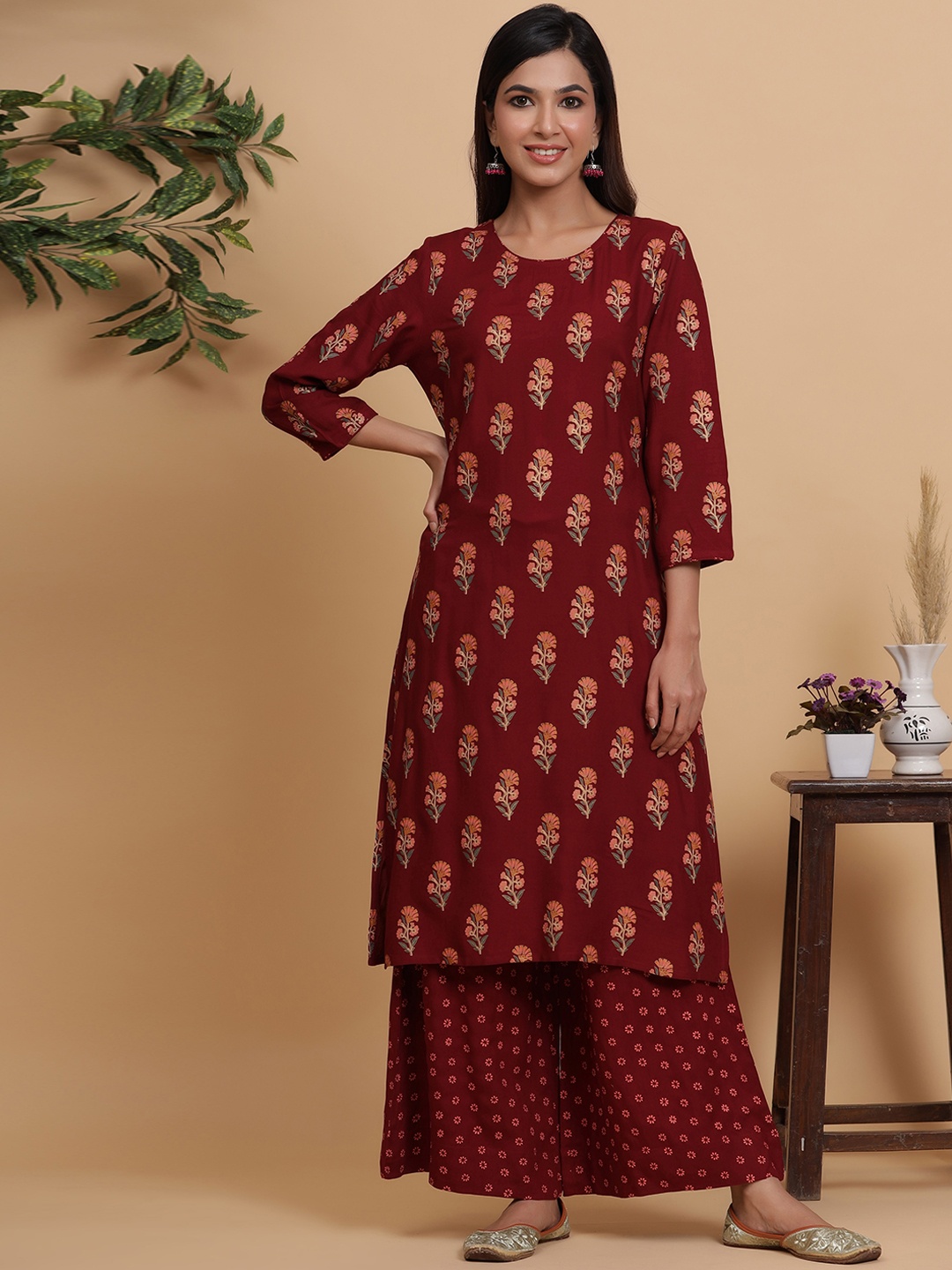 Sangria Floral Printed Three-Quarter Sleeve Pure Cotton Straight Kurta With Palazzos, Maroon
Sangria Floral Printed Three-Quarter Sleeve Pure Cotton Straight Kurta With Palazzos, Maroon