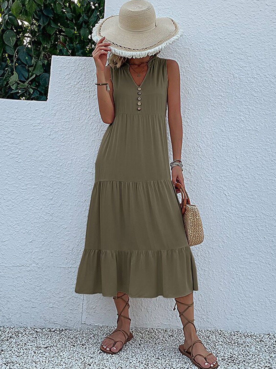 StyleCast Green Mandarin Collar A-Line Dress