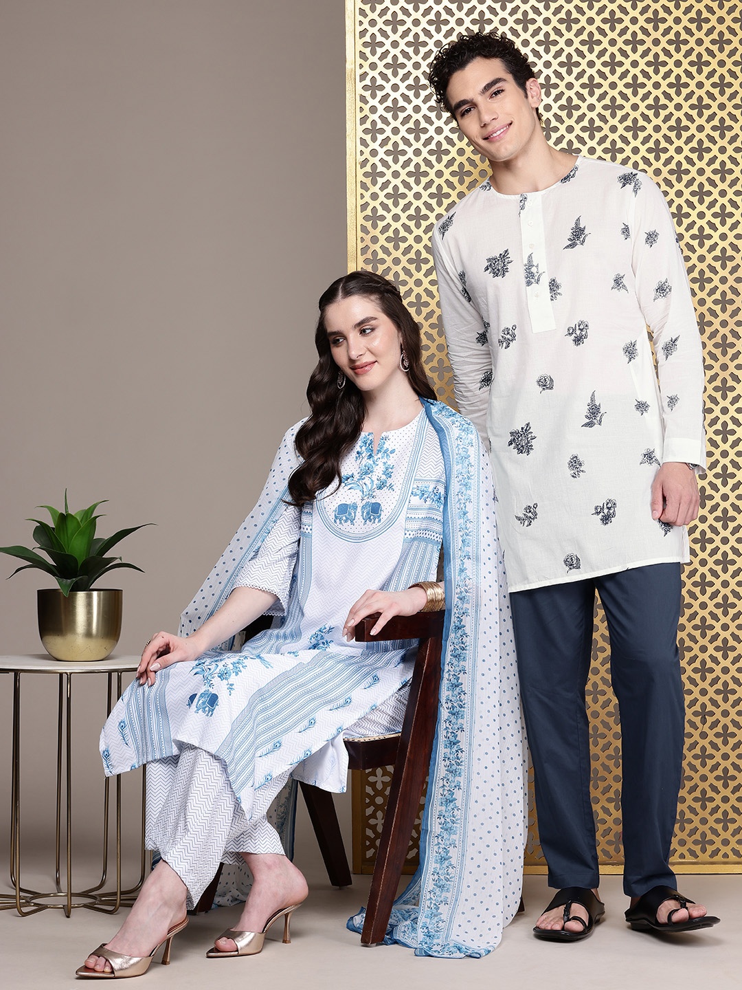 House of Pataudi Men Floral Printed Regular Pure Cotton Jashn Kurta with Trousers, White
House of Pataudi Men Floral Printed Regular Pure Cotton Jashn Kurta with Trousers, White