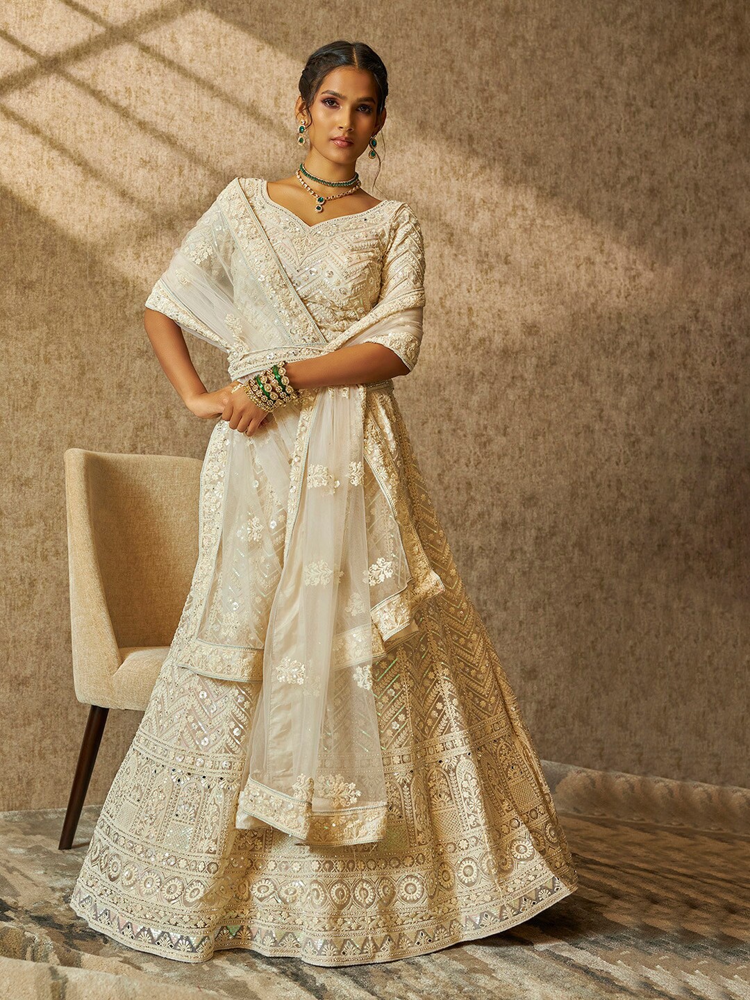 Soch Ethnic Motifs Embroidered Beads and Stones Unstitched Lehenga & Blouse With Dupatta, Cream
Soch Ethnic Motifs Embroidered Beads and Stones Unstitched Lehenga & Blouse With Dupatta, Cream