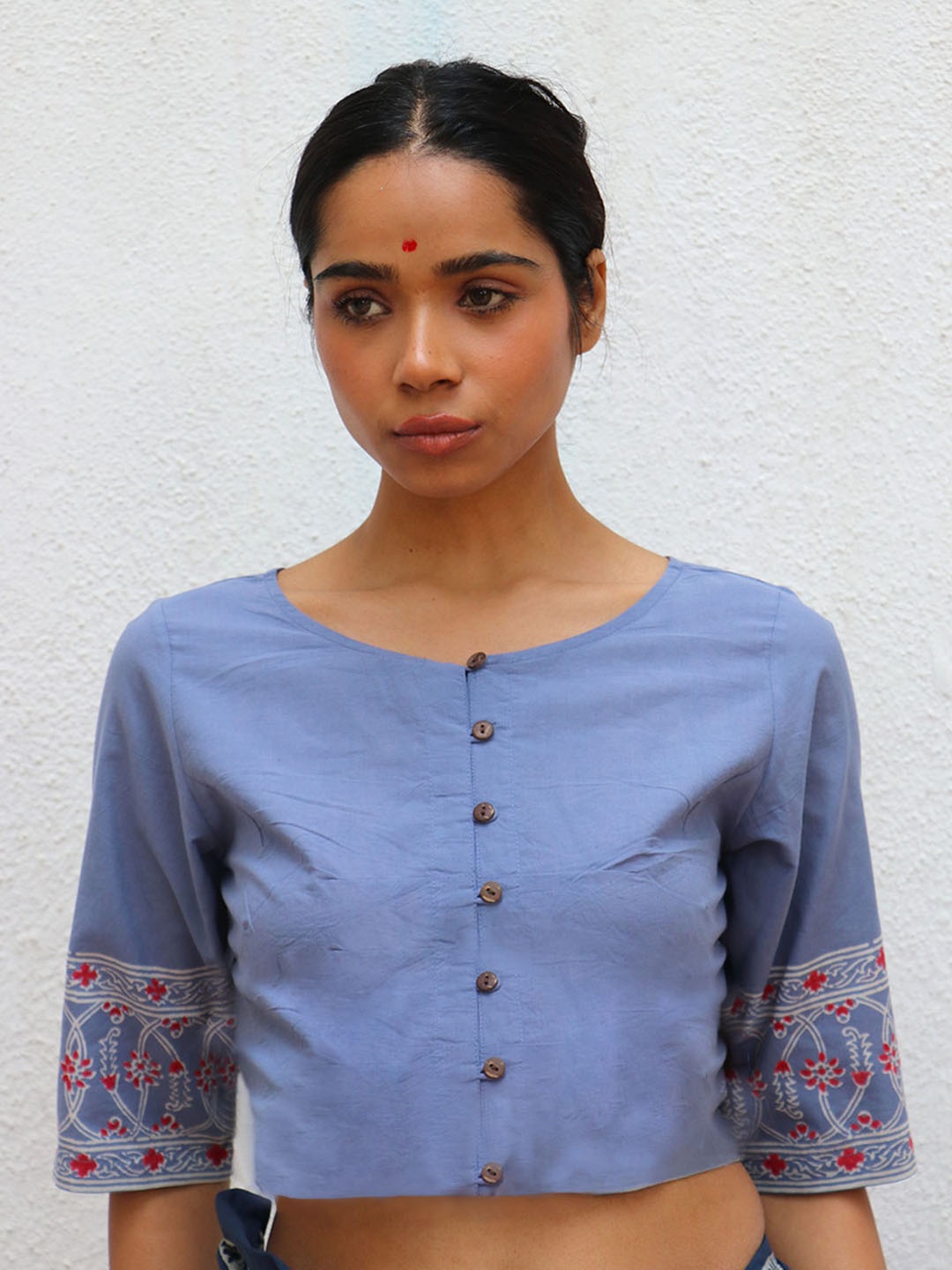 Chidiyaa Printed Cotton Saree Blouse, Blue