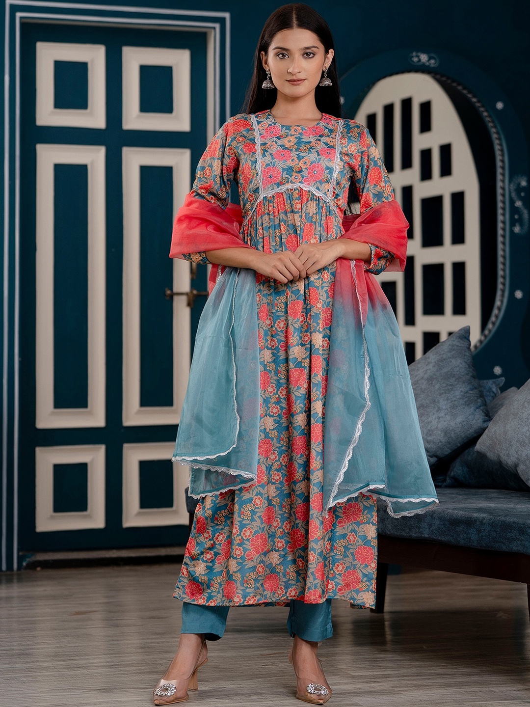 Kohsh Floral Printed Mirror Work Detailed Empire A-Line Kurta & Trouser With Dupatta, Blue
Kohsh Floral Printed Mirror Work Detailed Empire A-Line Kurta & Trouser With Dupatta, Blue