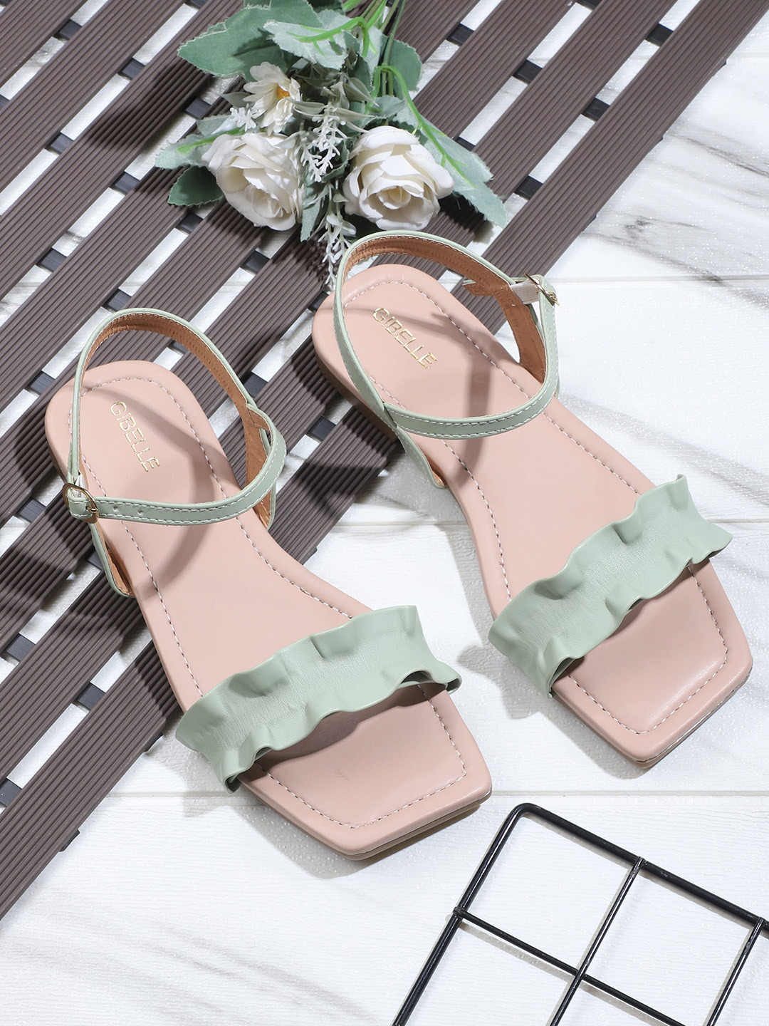 Gibelle Wave Detail Open Toe Flats With Buckle Closure, Sea green
Gibelle Wave Detail Open Toe Flats With Buckle Closure, Sea green