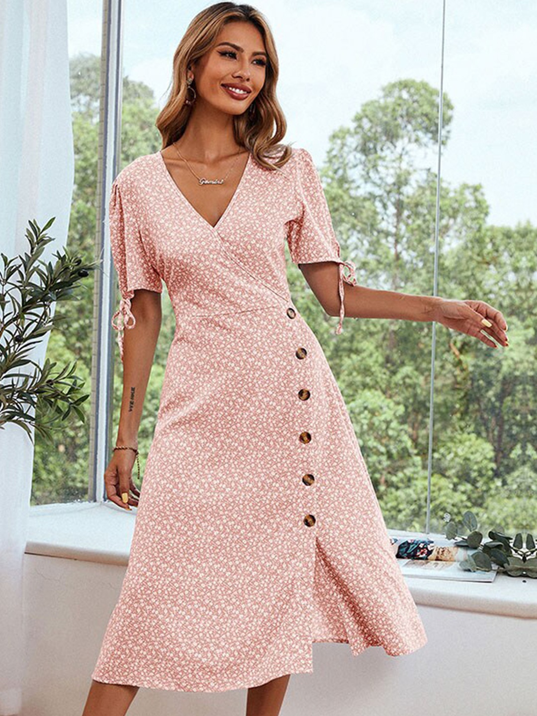 StyleCast Pink Floral Printed V-Neck A-Line Dress