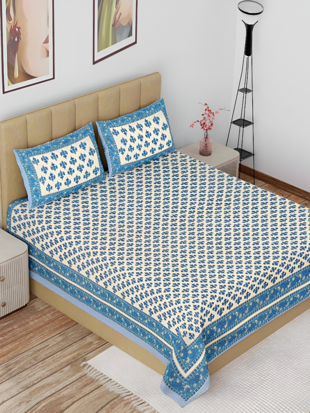 The Craft Monk White & Blue Ethnic Motifs Cotton 180 TC King Bedsheet with 2 Pillow Covers
The Craft Monk White & Blue Ethnic Motifs Cotton 180 TC King Bedsheet with 2 Pillow Covers