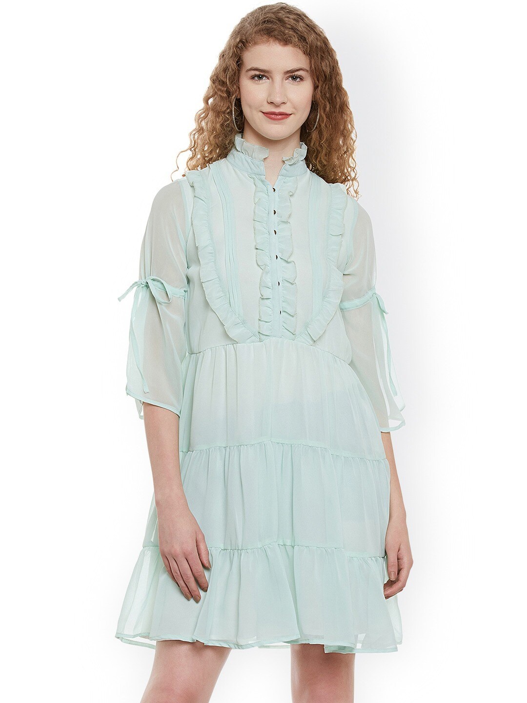 BAESD Mandarin Collar Three-Quarter Sleeves Georgette Tiered Fit & Flare Dress, Sea green
BAESD Mandarin Collar Three-Quarter Sleeves Georgette Tiered Fit & Flare Dress, Sea green