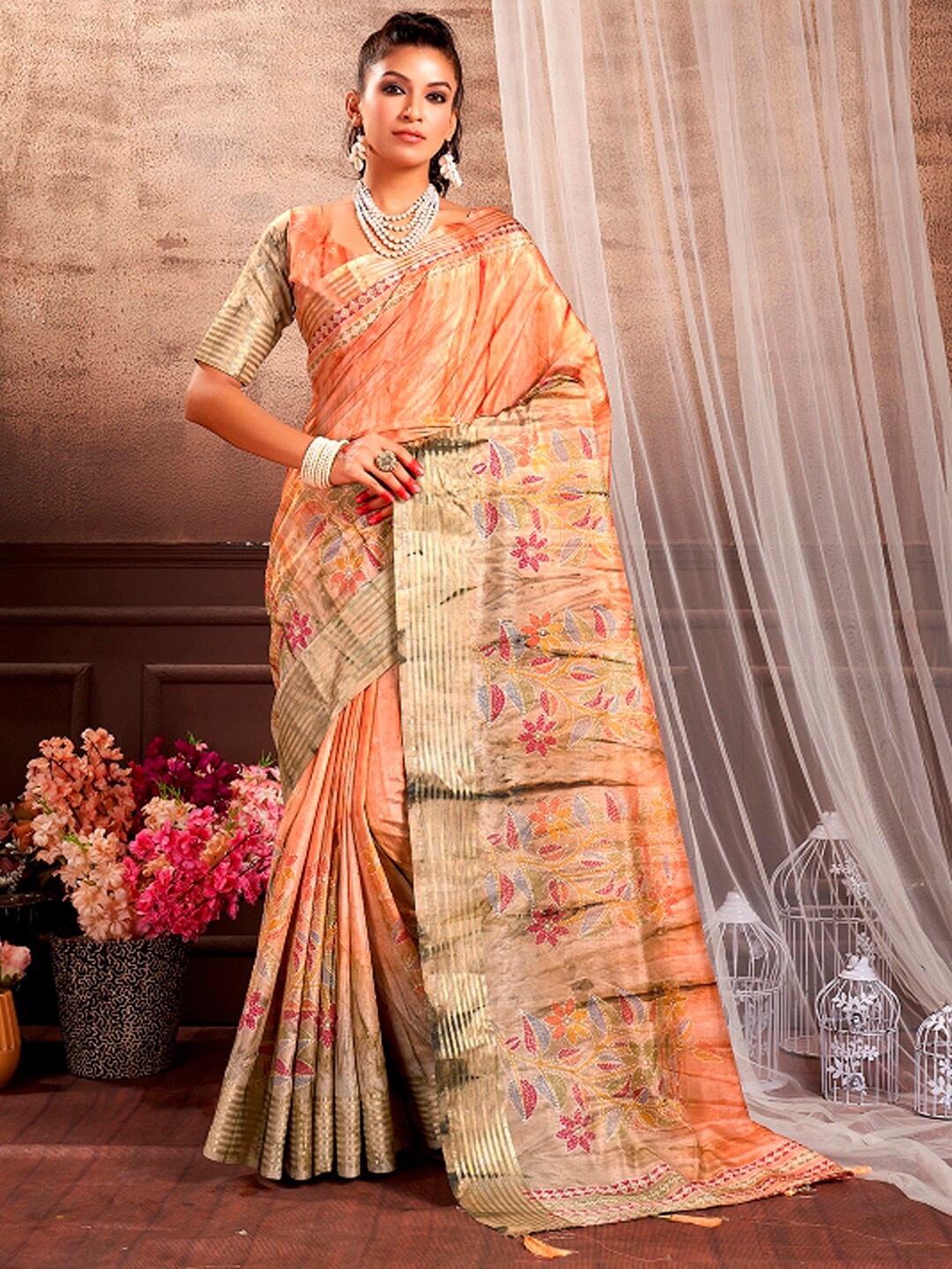 Mitera Peach-Coloured Abstract Printed Bagru Saree