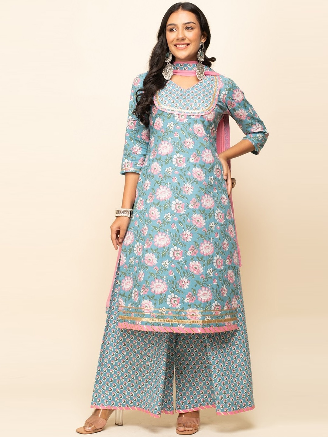 FIORRA Floral Printed V-Neck Gotta Patti Pure Cotton Kurta With Palazzos & Dupatta, Blue
FIORRA Floral Printed V-Neck Gotta Patti Pure Cotton Kurta With Palazzos & Dupatta, Blue