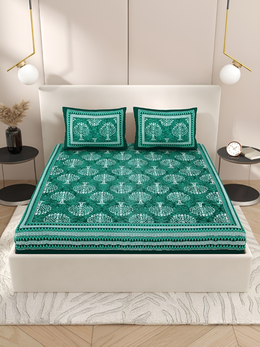 Wayne Martin Green & White Ethnic Motifs Cotton 210 TC Queen Bedsheet With 2 Pillow Covers
Wayne Martin Green & White Ethnic Motifs Cotton 210 TC Queen Bedsheet With 2 Pillow Covers