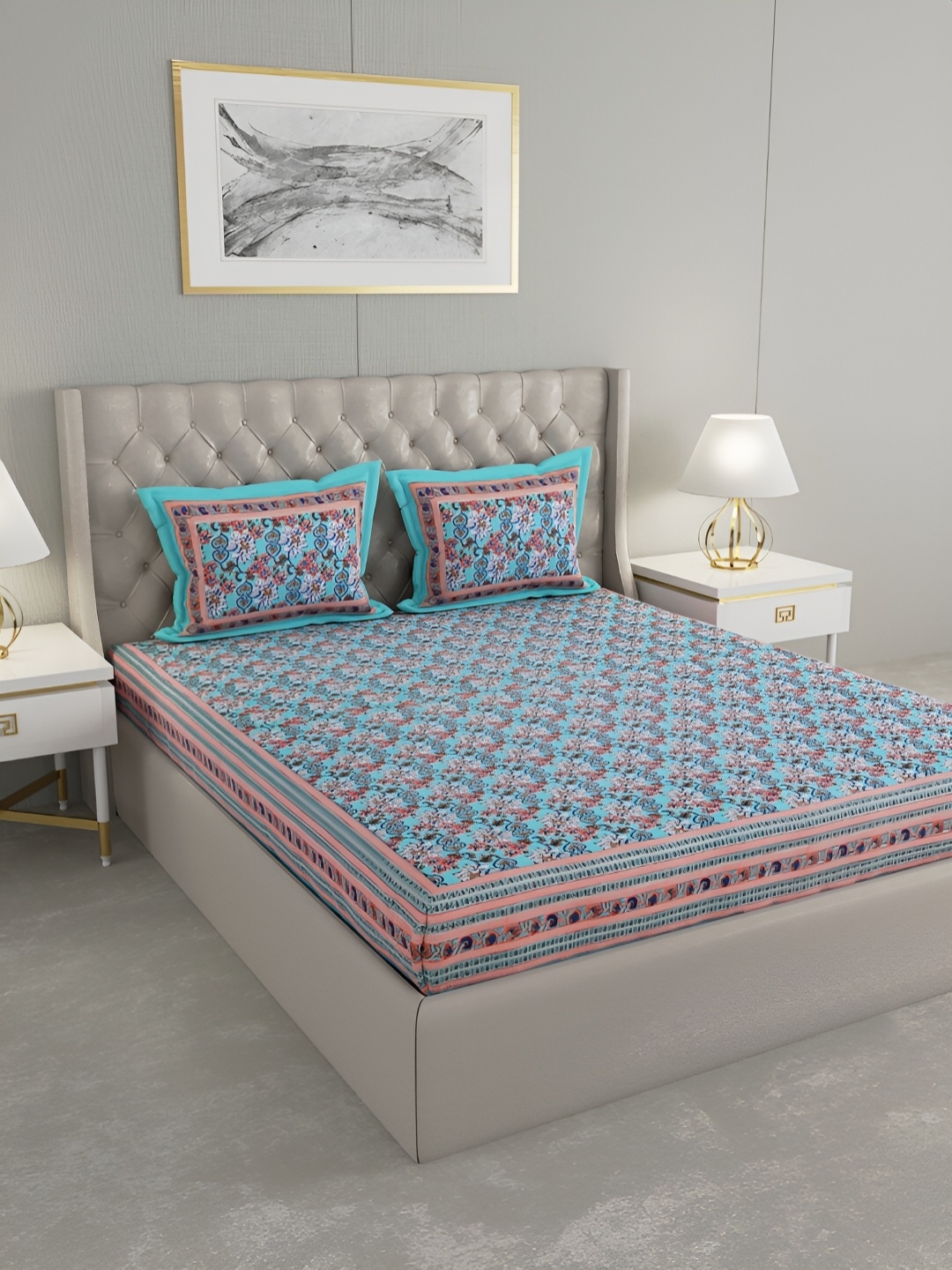 Wayne Martin Turquoise Blue & Brown Floral Cotton 330TC King Bedsheet With 2 Pillow Covers
Wayne Martin Turquoise Blue & Brown Floral Cotton 330TC King Bedsheet With 2 Pillow Covers