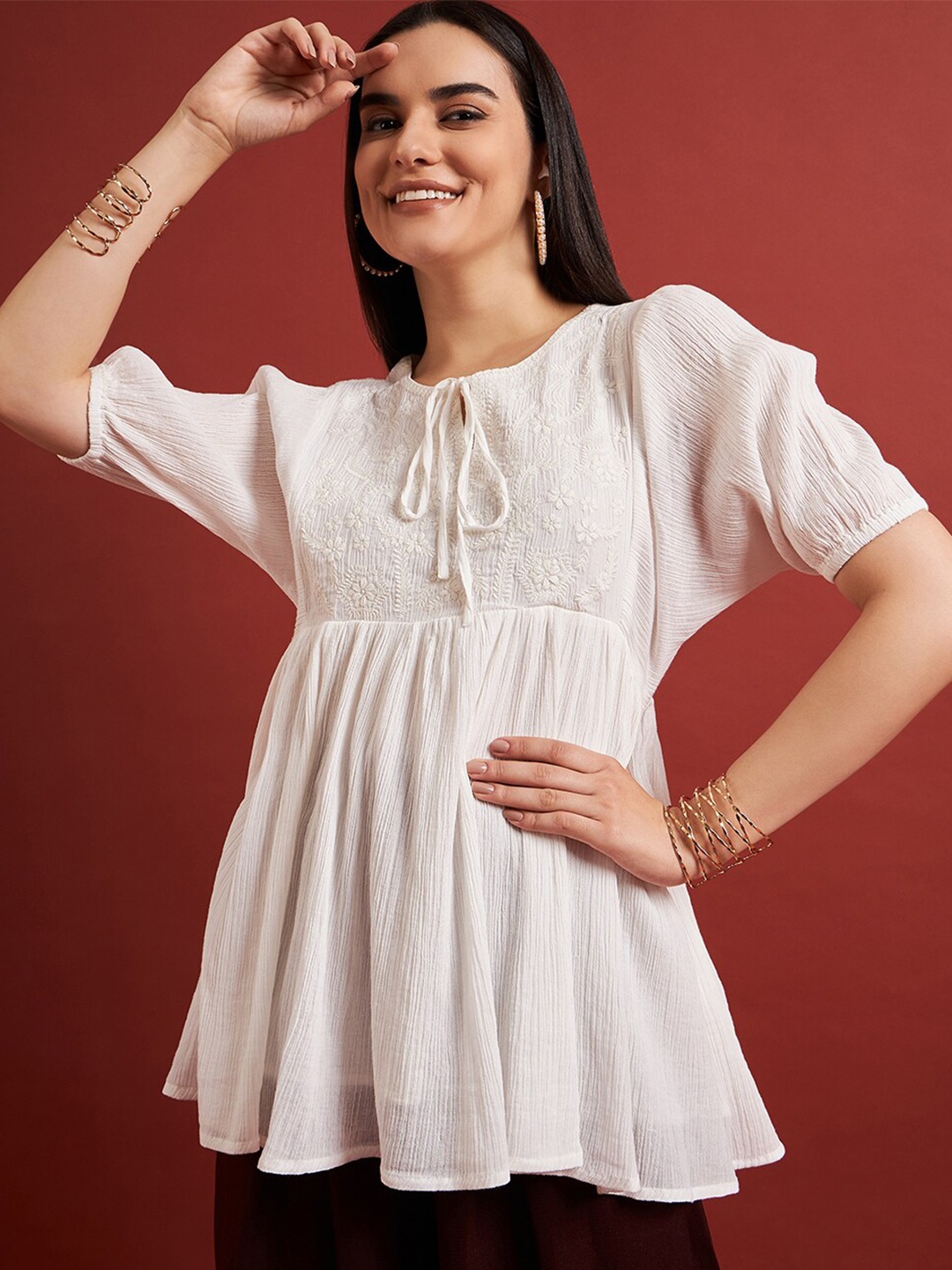 all about you Floral Embroidered Pure Cotton Tie-Up Neck Puff Sleeve Empire Top, Off white
all about you Floral Embroidered Pure Cotton Tie-Up Neck Puff Sleeve Empire Top, Off white