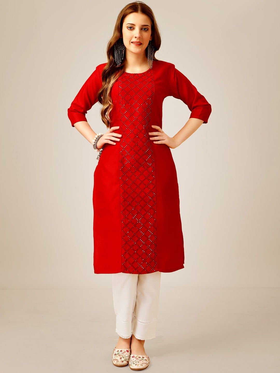 ARADHNA Geometric Embroidered Sequinned Detail Straight Kurta with Trousers, Red
ARADHNA Geometric Embroidered Sequinned Detail Straight Kurta with Trousers, Red