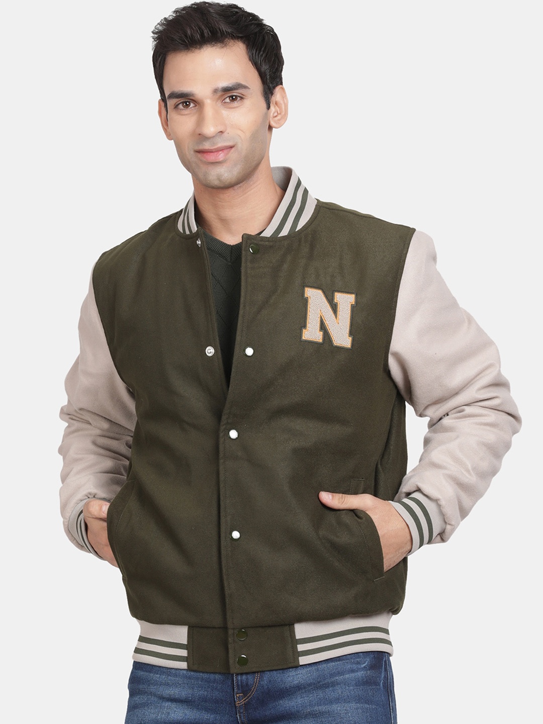 t-base Colourblocked Stand Collar Long Sleeve Insulator Varsity Jacket, Olive
t-base Colourblocked Stand Collar Long Sleeve Insulator Varsity Jacket, Olive