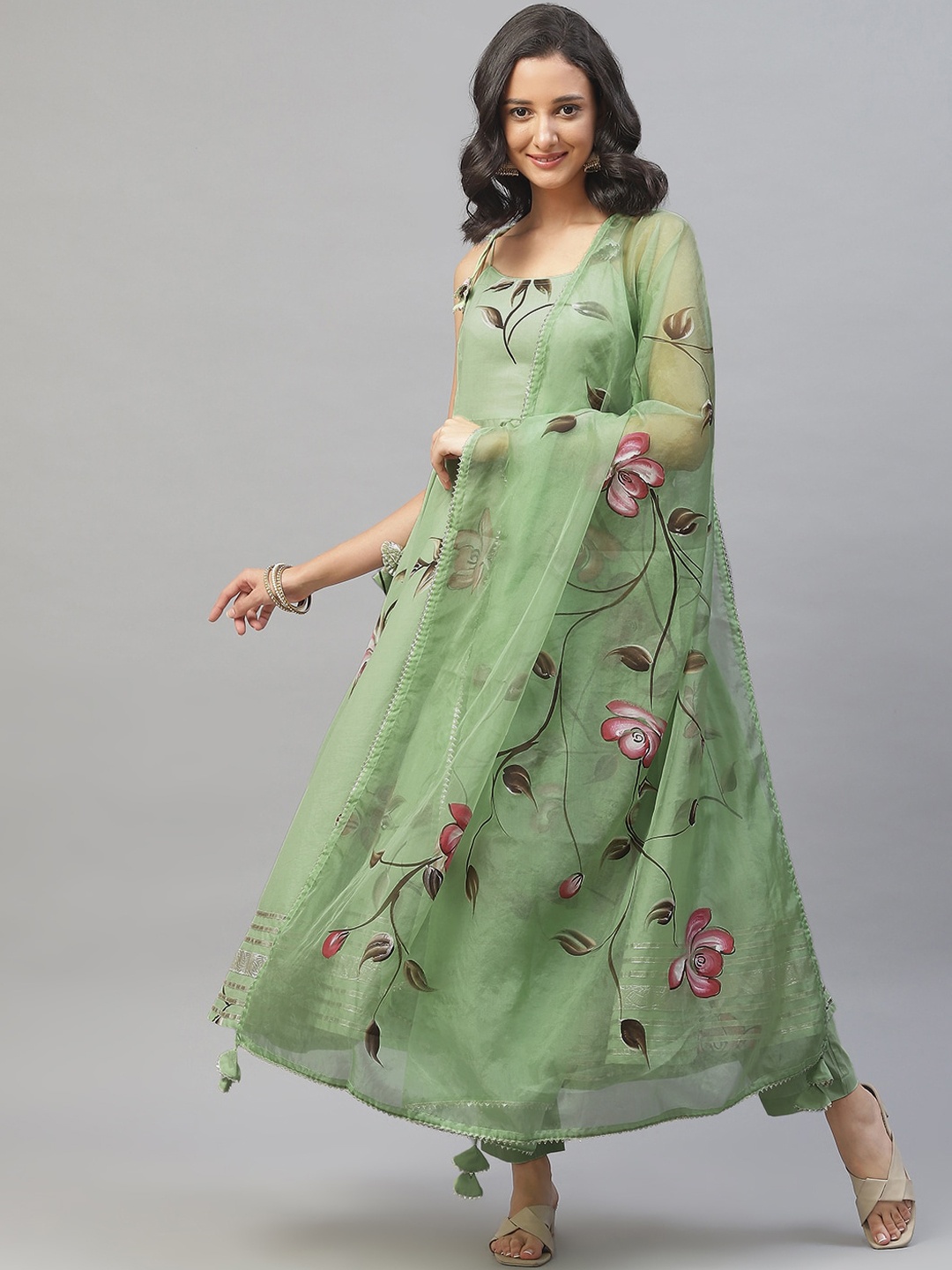 KALINI Floral Printed Gotta Patti Detail Pure Cotton Anarkali Kurta & Trouser With Dupatta, Green
KALINI Floral Printed Gotta Patti Detail Pure Cotton Anarkali Kurta & Trouser With Dupatta, Green