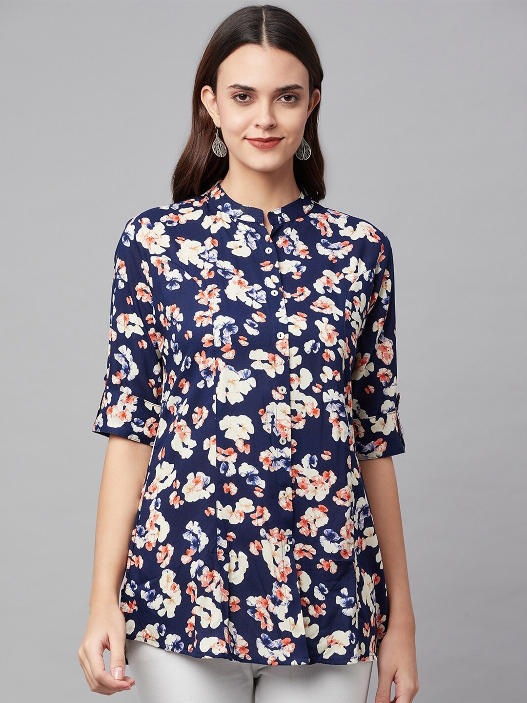 KALINI Floral Printed Mandarin Collar Roll Up Sleeves Shirt Style Top, Navy blue
KALINI Floral Printed Mandarin Collar Roll Up Sleeves Shirt Style Top, Navy blue