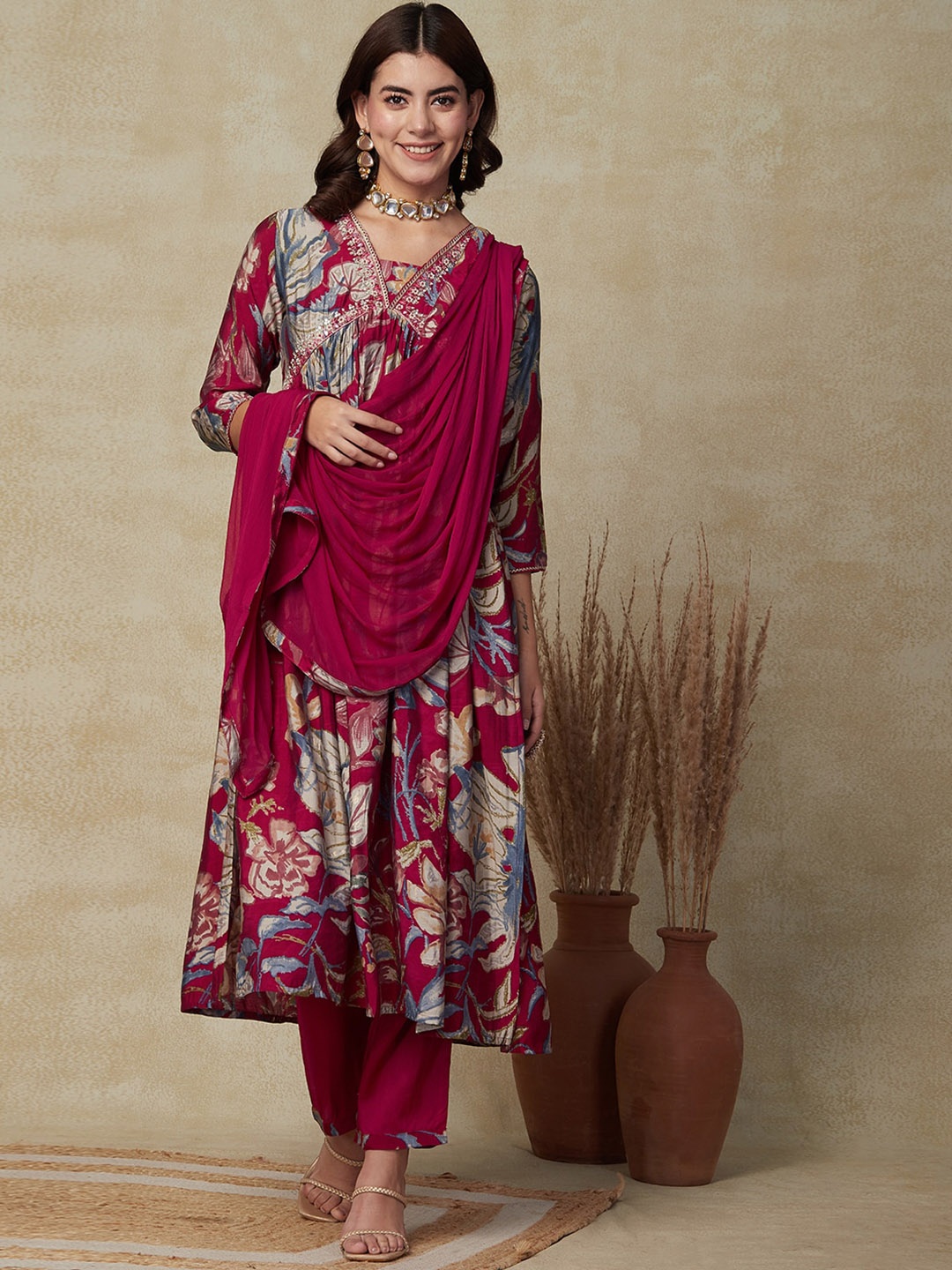 FASHOR Floral Printed Pleated Beads and Stones A-Line Kurta with Trouser & Dupatta, Red
FASHOR Floral Printed Pleated Beads and Stones A-Line Kurta with Trouser & Dupatta, Red