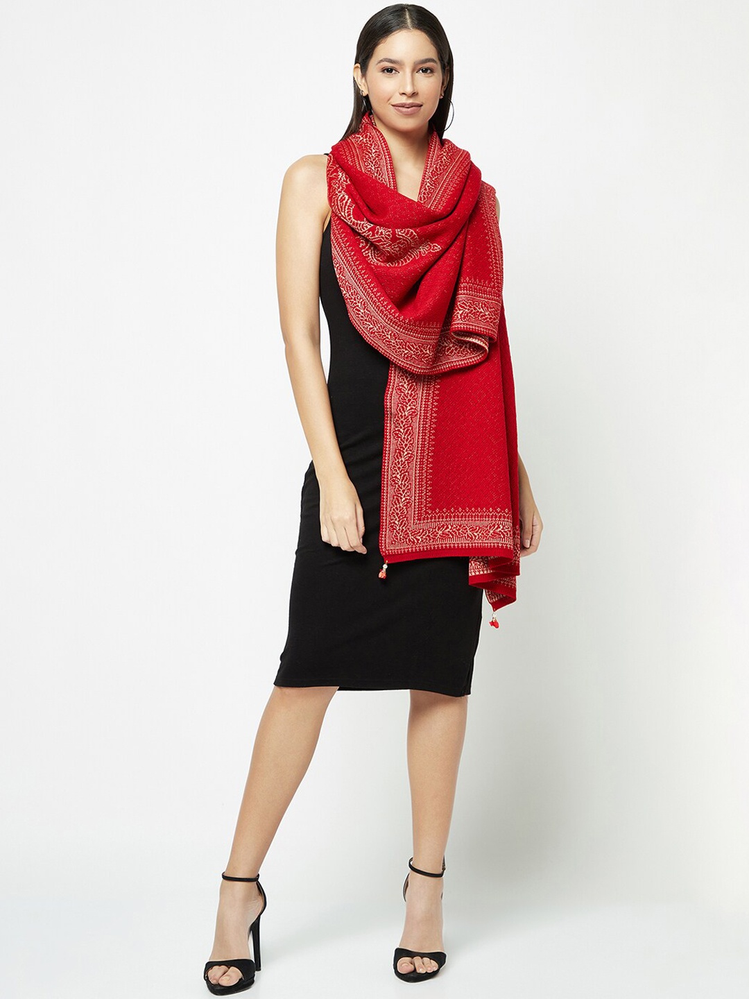 Knitstudio Ethnic Motif Woven Design Wool Acrylic Shawl, Red