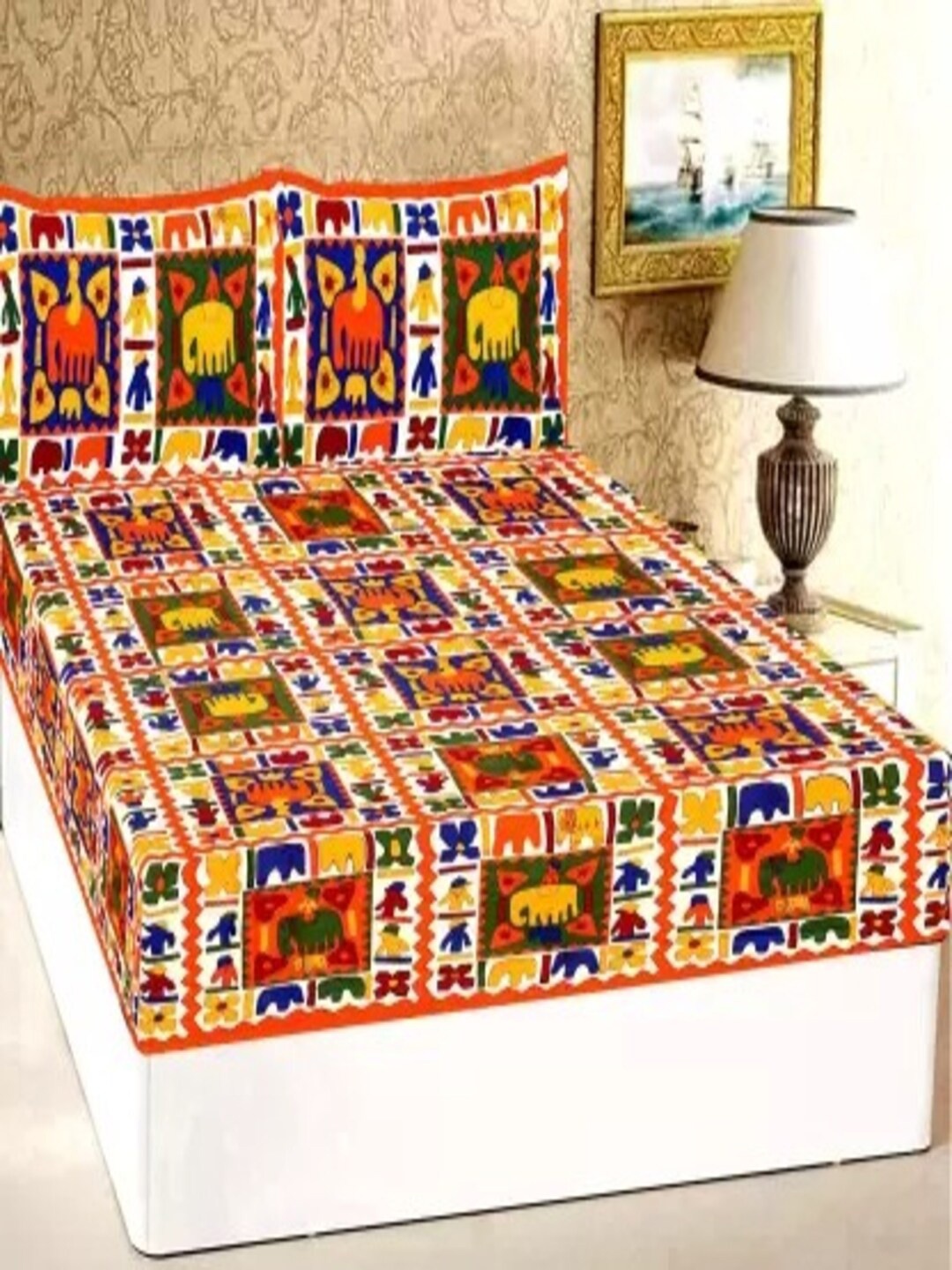 Qfab Orange & Yellow Ethnic Motifs Cotton 144 TC Queen Bedsheet with 2 Pillow Covers
Qfab Orange & Yellow Ethnic Motifs Cotton 144 TC Queen Bedsheet with 2 Pillow Covers
