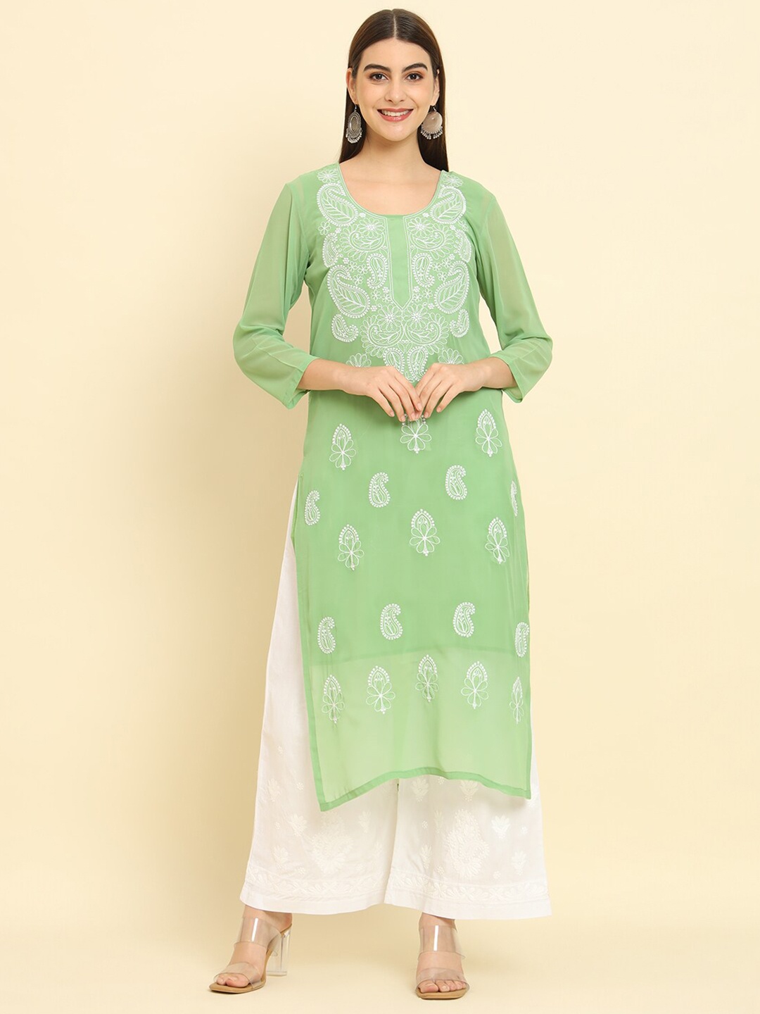 Rudraaksha Creations Ethnic Motifs Embroidered Chikankari Pure Georgette Straight Kurta, Green
Rudraaksha Creations Ethnic Motifs Embroidered Chikankari Pure Georgette Straight Kurta, Green