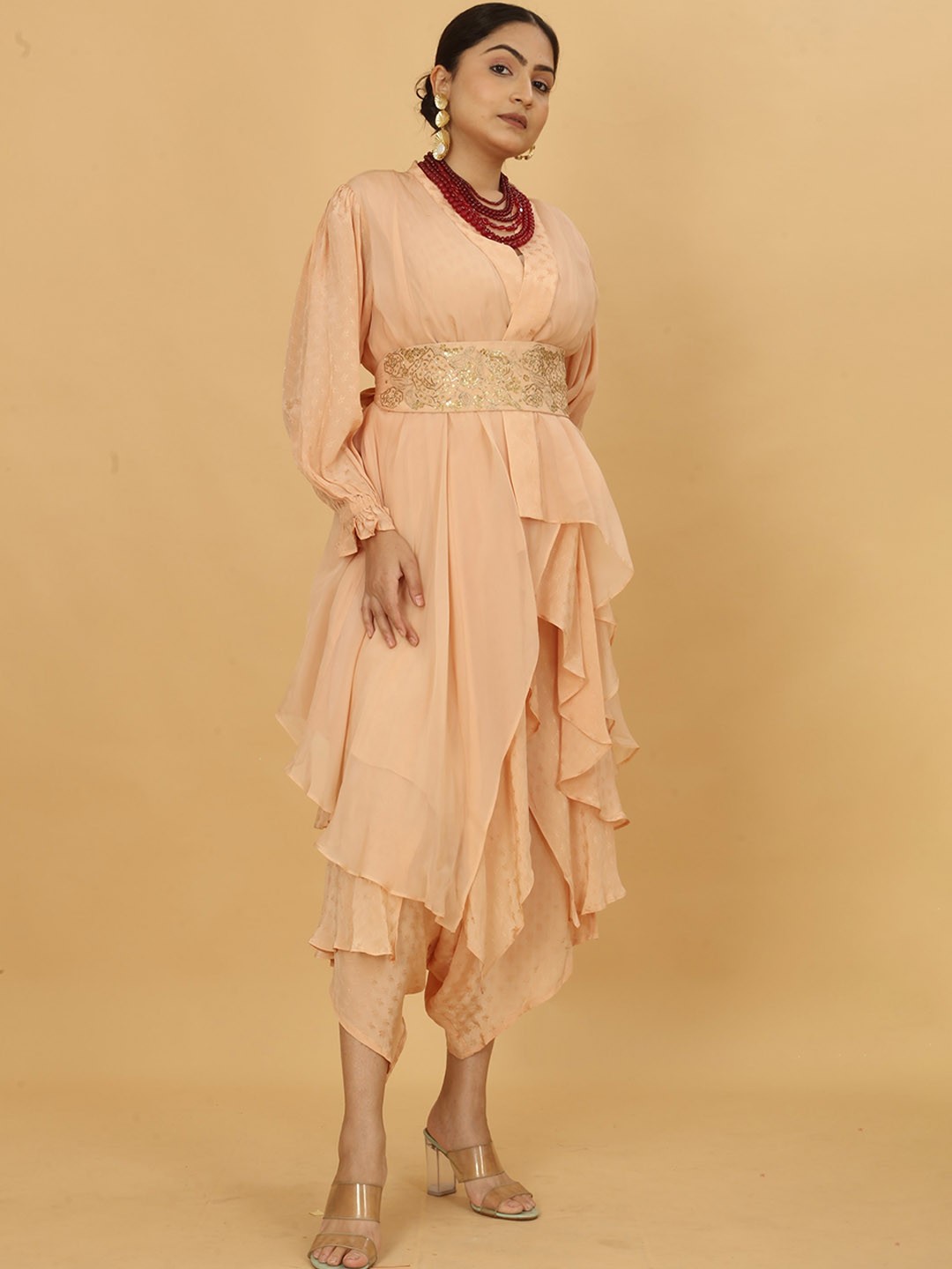 POSHAAK BY RADHEE MANGUKIYA V-Neck Layered Belted Silk Crepe Kurta With Dhoti Pants, Peach
POSHAAK BY RADHEE MANGUKIYA V-Neck Layered Belted Silk Crepe Kurta With Dhoti Pants, Peach
