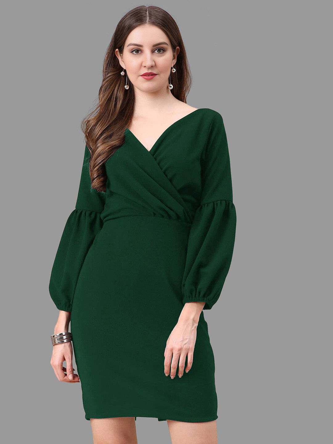 BAESD Puffed Sleeves Wrap Dress, Green 
BAESD Puffed Sleeves Wrap Dress, Green