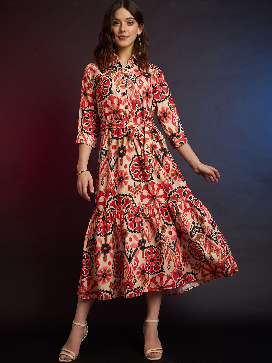 DressBerry Red & Beige Bohemian Printed Shirt Collar Belted Flounce Fit & Flare Midi Dress
DressBerry Red & Beige Bohemian Printed Shirt Collar Belted Flounce Fit & Flare Midi Dress