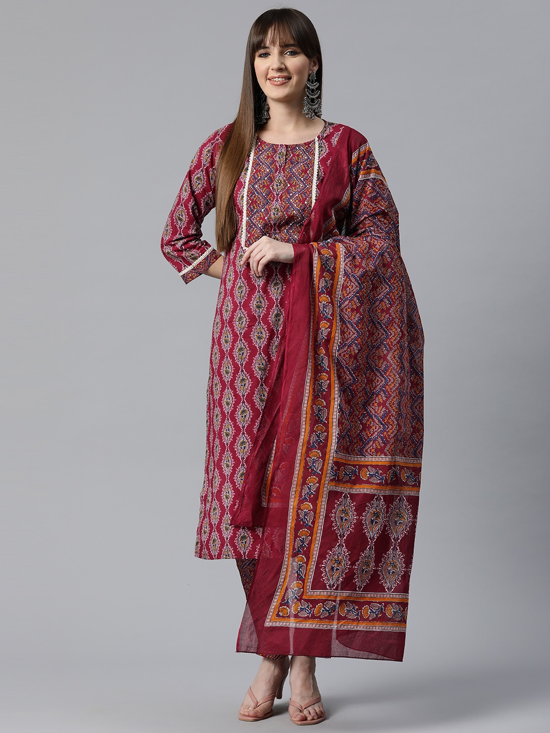 Readiprint Fashions Ethnic Motifs Printed Sequinned Cotton Kurta with Palazzos & Dupatta, Maroon
Readiprint Fashions Ethnic Motifs Printed Sequinned Cotton Kurta with Palazzos & Dupatta, Maroon